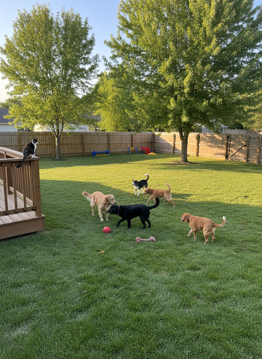 A spacious, fenced backyard with lush, well-maintained grass and a few mature trees, designed as a safe play area for dogs. Several medium-sized dogs of different breeds interact calmly, sniffing and trotting, while a confident cat observes from a shaded wooden deck, symbolizing harmony between species. The late-afternoon golden hour sun casts warm, elongated shadows and highlights the texture of fur and foliage. A sturdy gate, secure latches, and neatly arranged outdoor toys subtly emphasize safety and structure. Captured in photographic realism with a slightly wide, eye-level composition and moderate depth of field, the atmosphere feels relaxed, controlled, and reassuringly professional.