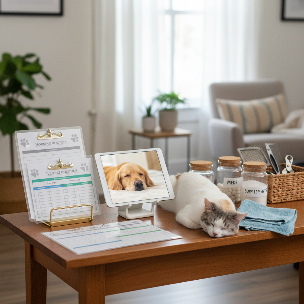 A well-organized pet care checklist station on a smooth wooden console table, featuring neatly arranged laminated care schedules with paw-print icons, color-coded feeding charts, and a digital tablet displaying a calm dog resting. Beside them, there are labeled jars for medications and supplements, a small stack of clean microfiber towels, and a basket containing grooming brushes and nail clippers. A sleepy cat lounges on the edge of the table, eyes half-closed, reinforcing a sense of calm trust. Natural overcast window light creates soft, shadowless illumination, ideal for readability. Photographic realism, slightly elevated, three-quarter view with moderate depth of field, conveying meticulous, professional organization in a warm, home-based setting.