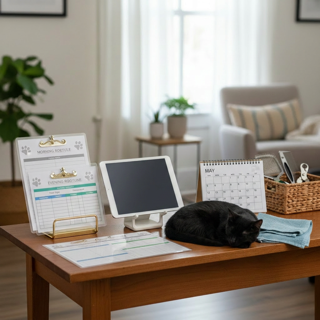 A well-organized pet care checklist station on a smooth wooden console table, featuring neatly arranged laminated care schedules with paw-print icons, color-coded feeding charts, and a digital tablet displaying a calm dog resting. Beside them, there are labeled jars for medications and supplements, a small stack of clean microfiber towels, and a basket containing grooming brushes and nail clippers. A sleepy cat lounges on the edge of the table, eyes half-closed, reinforcing a sense of calm trust. Natural overcast window light creates soft, shadowless illumination, ideal for readability. Photographic realism, slightly elevated, three-quarter view with moderate depth of field, conveying meticulous, professional organization in a warm, home-based setting.