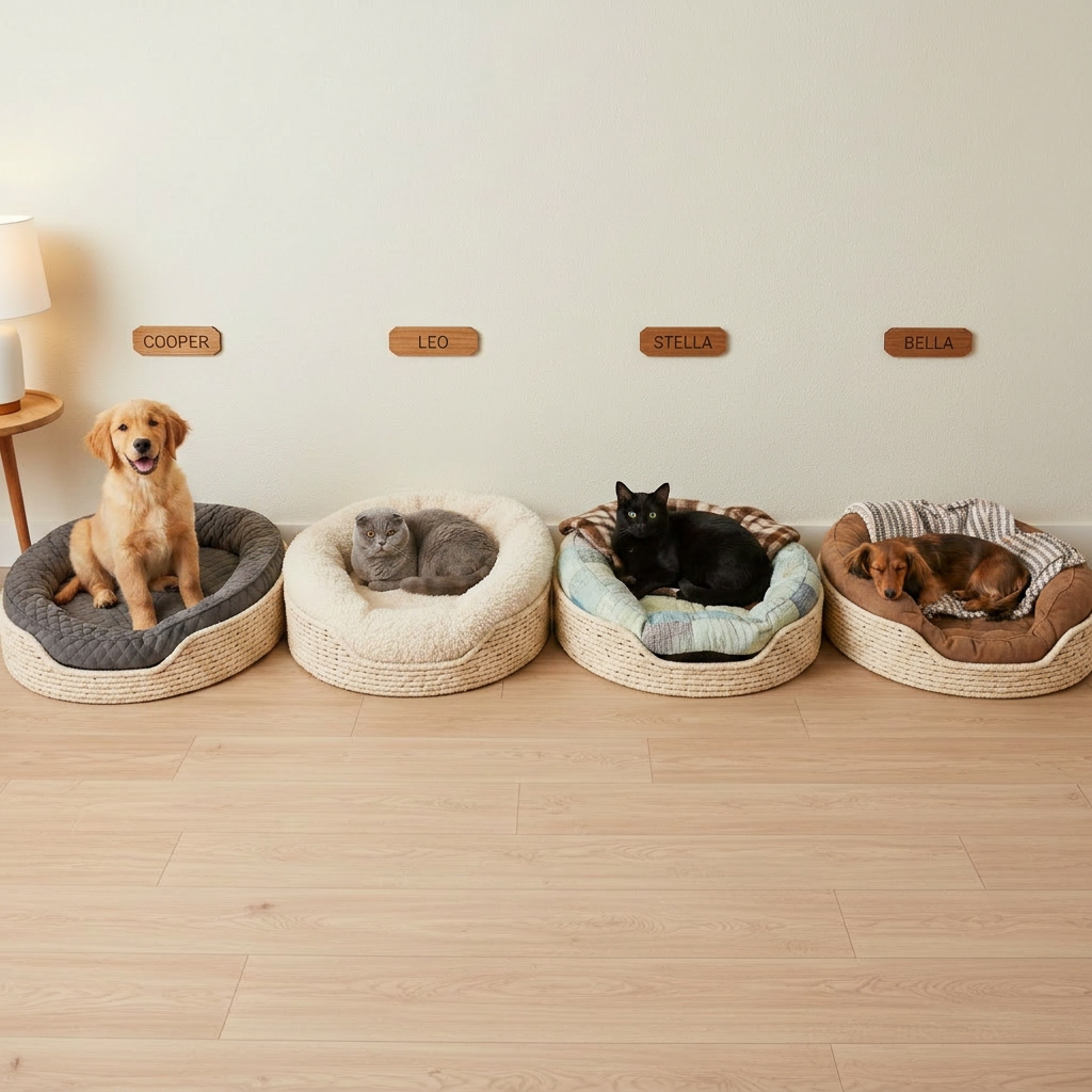A cozy indoor resting area featuring individual pet beds arranged in an orderly row along a clean, light-colored wall. Each bed has a small, personalized name tag and contains a different style of comfortable bedding, from orthopedic foam to soft, quilted cushions, indicating tailored care. A calm senior dog sleeps soundly in one bed while a pair of cats curl up together in another. Soft, diffused overhead lighting and a warm table lamp in the background create an even, soothing glow with minimal harsh shadows. Photographic realism, straight-on composition with sharp focus throughout, communicating structure, attentiveness, and a tranquil home environment for overnight pet stays.